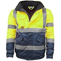 AR Paris Fashions Hi Vis Viz Bomber Jacket High Visibility Workwear Safety Security Hooded Padded Waterproof Taped Seams Work Wear Coat Top (Yellow Navy, Large)