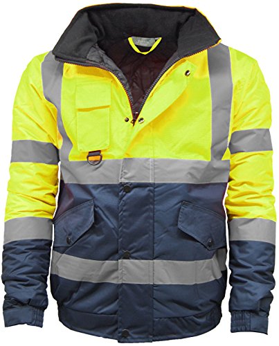 Candid Styles® Hi Vis Viz Bomber Jacket High Visibility Workwear Safety Security Hooded Padded Waterproof Taped Seams Work Wear Coat Top (Yellow Navy, Large)