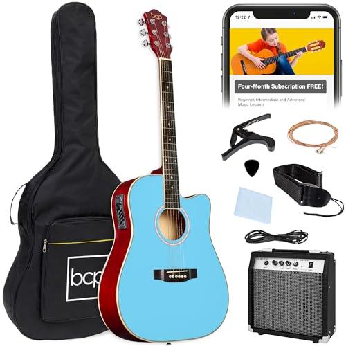 Best Choice Products Beginner Acoustic Electric Guitar Starter Set w/ 41in, All Wood Cutaway Design, Gig Bag, Strap, Picks - Sky Blue
