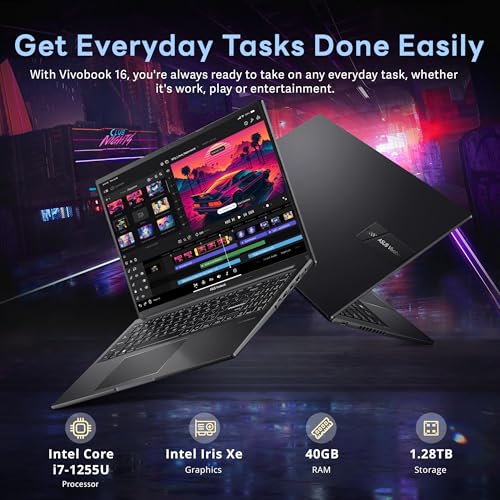 Image of ASUS Vivobook 16 inch WUXGA Laptop, Intel i7-1255U, 40GB RAM, 1.28TB Storage(1TB SSD+288GB Docking Station Set), Intel Iris Xe Graphics, Numeric Keypad, WiFi 5, Win 11 Pro, Black