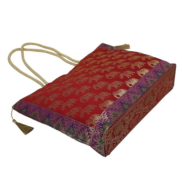 Image of Hand Purse | Traditional Hand Purse | Silk Wallet Hand Bag | Shagun HandPurse | Gifts HandBag | Golden Handle Tote Handbag | Brocade Shoulder Bag | 16 INCH