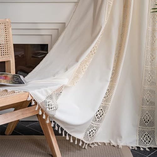 Michorinee Vorhänge Blickdicht Gardinen Leinenoptik Boho Hohle Geometrisch Muster Verdunkelung Vorhang Beige Baumwolle Gardinen mit Quaste für Küche Esszimmer 1er Set 150 × 240cm (B × H)