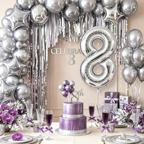 Image of Number Balloons Silver Party Balloon - Giant Number 8 Balloon, 40 Inch Large Balloon for Birthday Decorations, Silver Party Supplies for Anniversary