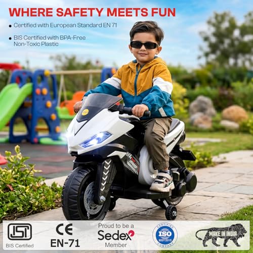 Image of Toyzone Speed Electric Bike (White) | 6V Rechargeable Bike for Kids with 4.5Ah Battery | LED Lights, Music, MP3 /USB /BT | Smooth Acceleration | 6M Battery Warranty | Age 2-8 Years, Up to 35kg