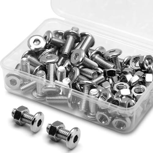(40 pcs) M6 x 10mm Flat Round Hexagon Socket Head Screws Bolts and Nuts Set 304 Stainless Steel 18-8, Silver Tone, M6x10mm (40 Pieces)