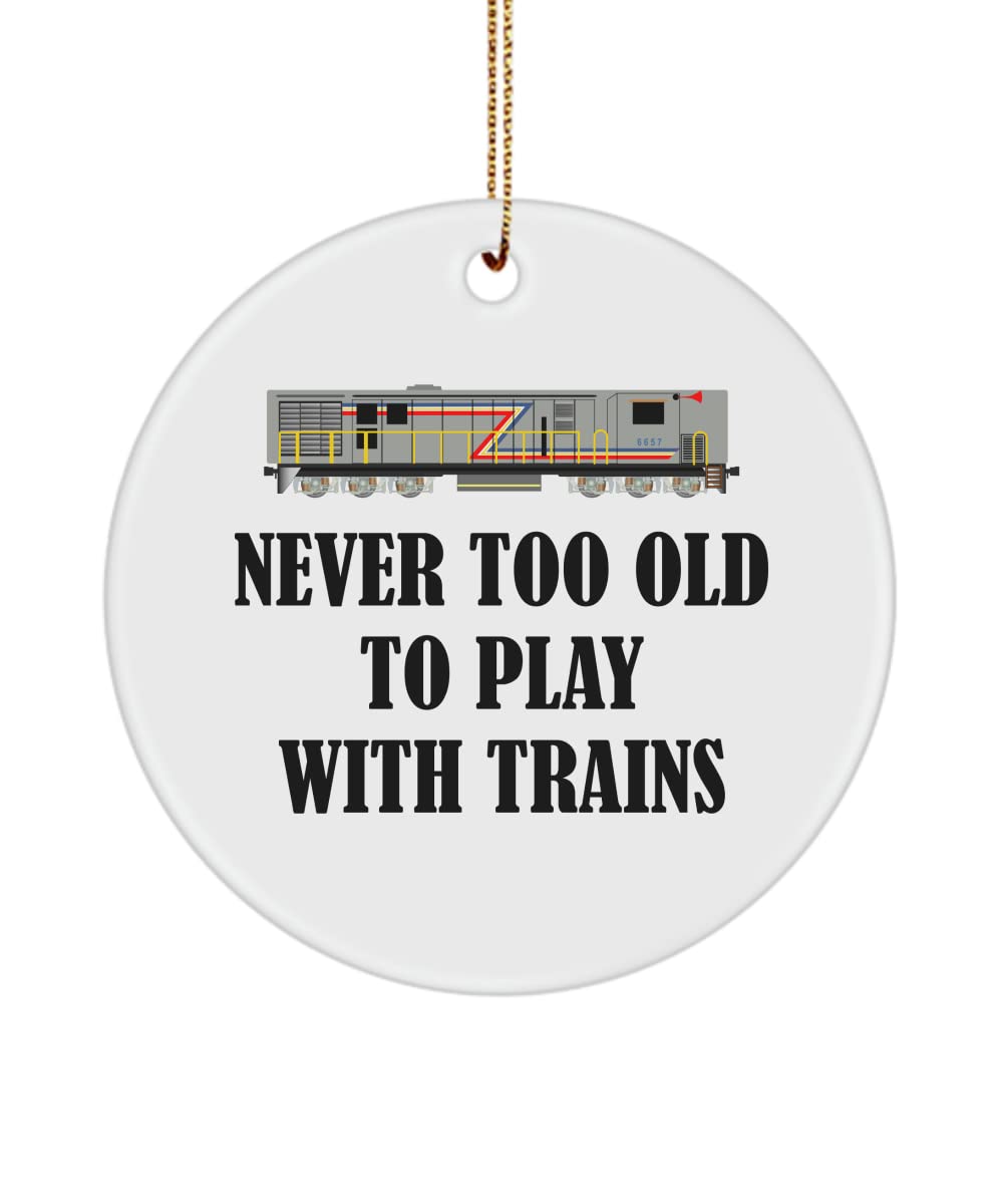 realpeoplegoods Railfan Gift - Railway Enthusiast Ornament - Railroad Engineer Present - Locomotive - Never Too Old to Play with Trains