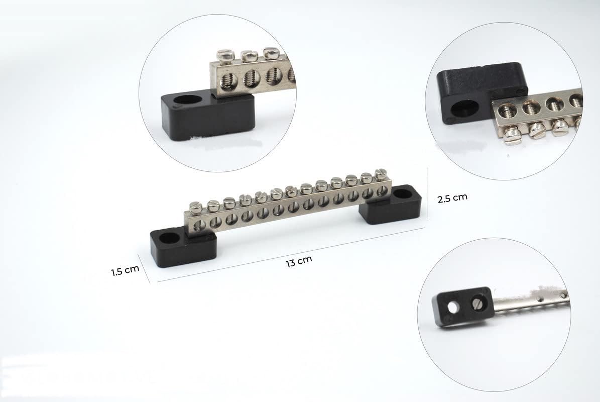 JAMPS 12 Ways Neutral Link Grounding Bar for Cable Looping and Earthing with Bakelite Base, 12 Screw 15 AmpTerminal Brass Made Grounding Strip, Pack of 1 1