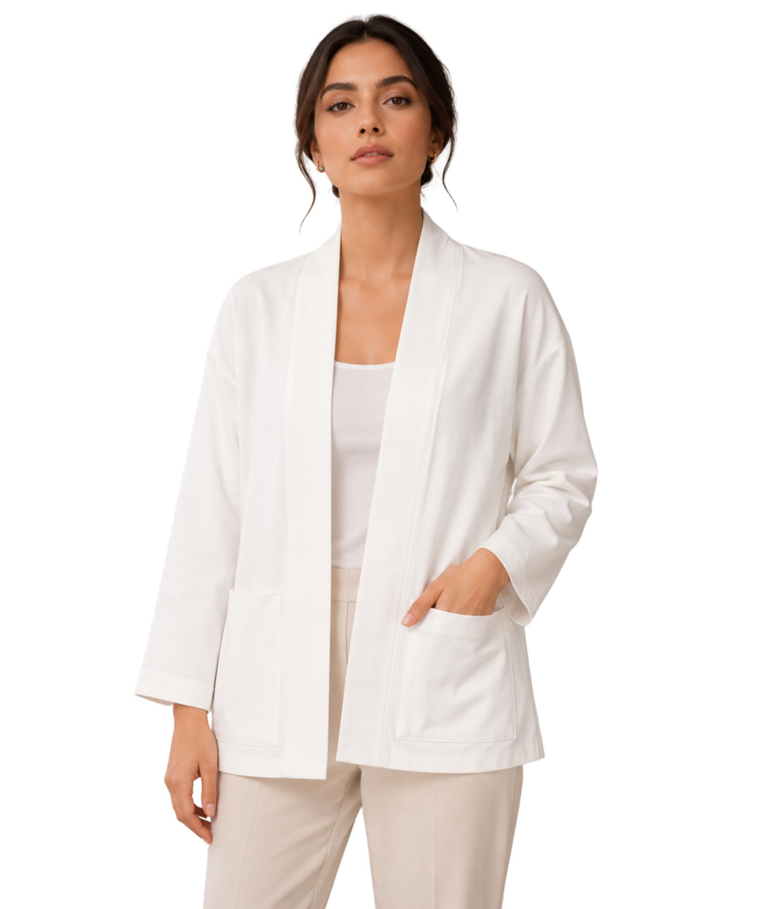 delnaz Women's Cotton Lycra Full Sleeve Lightweight Open Front Shrug for Casual Office Travel and Daily Use(White-M)-picture-14