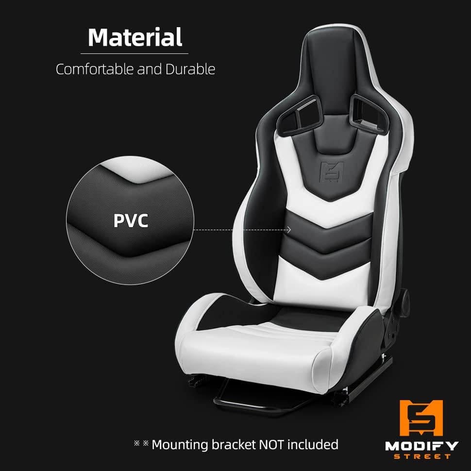 Miniatura 5 de ModifyStreet Universal PVC Fibra de vidrio Cuero Reclinable Negro+Blanco Racing Asientos Derecha Izquierda Serie EVO