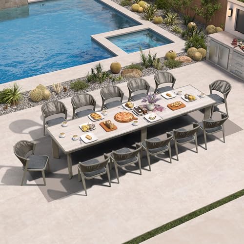 Image of PURPLE LEAF Large Outdoor Dining Set for 12 with HPL Table and Chairs Grey