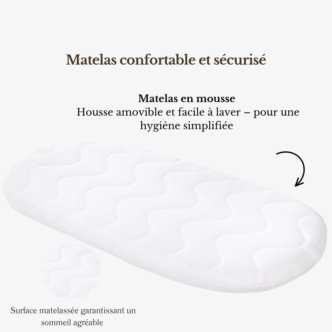 Wiklinopol Couffin Bébé Amelia en Osier avec Support et Matelas – Berceau à roulettes en Blanc – Ensemble 4 Pièces de Linge en Mousseline Blanc – Portable et Idéal pour Nouveau-Né