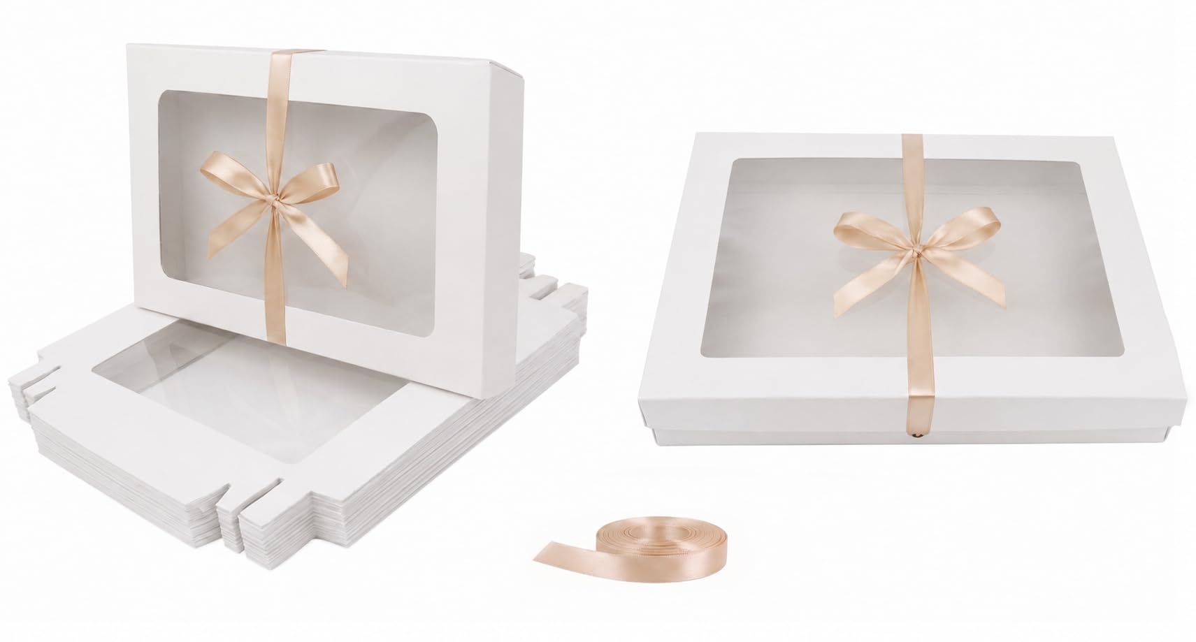 Emartbuy Pack of 12 White Gift Boxes with Clear Window Lid & Gold Satin Ribbon - Extra Large 35 x 25 x 6 cm - Recyclable Kraft Presentation Box for Hampers, Treats, Weddings & Favours