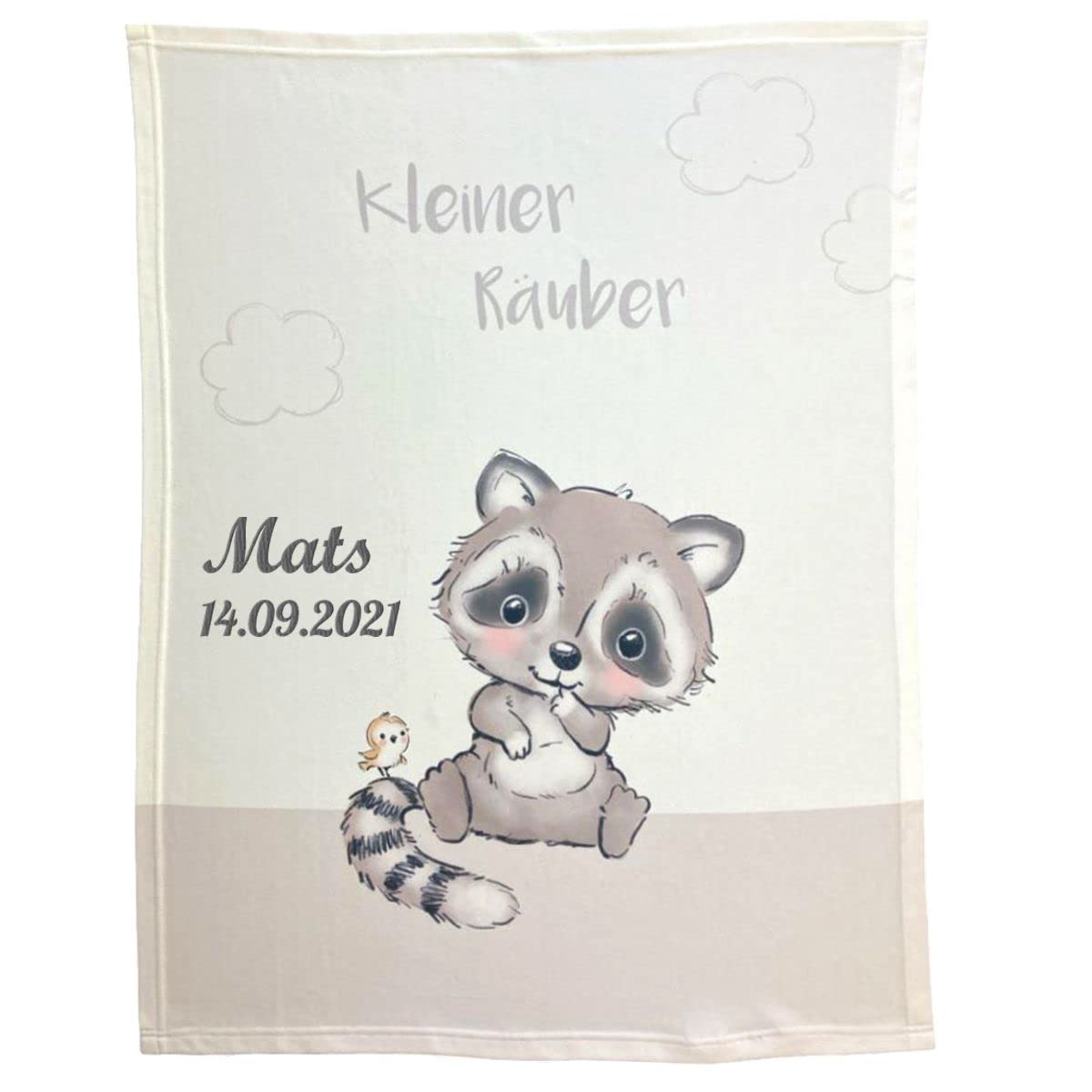 Wolimbo Soft-Peach Babydecke mit Namen personalisiert - Motiv Waschbär - Besticktes Geschenk für Mädchen und Junge 75x100cm