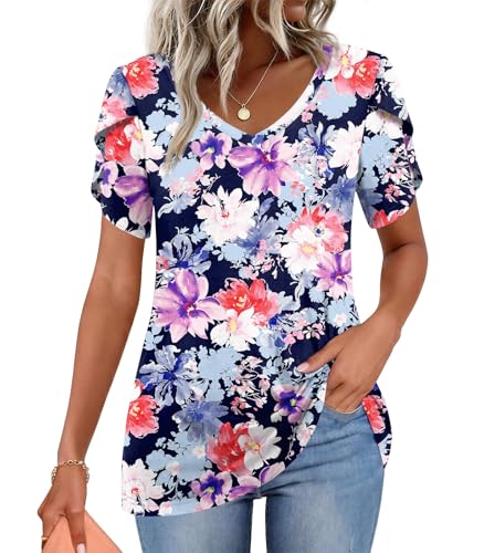 Image of CATHY 2026 Women Tops Summer Short Sleeve Tunic V Neck T-Shirts Loose Casual Floral Blouse S-4XL