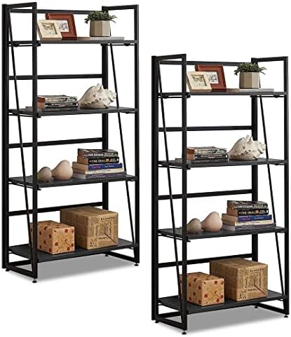 Halter 4-Tier Industrial Bookshelf Standing Shelving Unit Folding Book Shelf Organizer Wood Bookshelf Shelves for Living Room Office or Bedroom 2 Pack Black