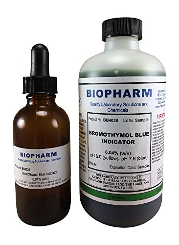 Bromothymol Blue Indicator 0.04% (w/v) — 250 mL (8.4 fl oz) — Includes an Empty 50 mL Dropper Bottle and Dispensing Cap — pH 6.0 (Yellow) - pH 7.6 (Blue)