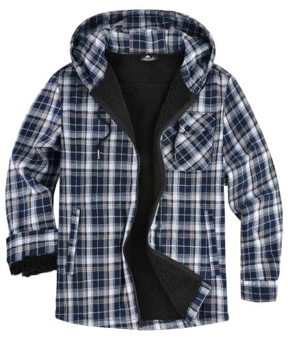 Image of V VALANCH Men's Sherpa Lined Flannel Jacket with Hood - Zip Up Plaid Shirt Jacket Winter Outdoor Warm Outerwear Fleece Coat