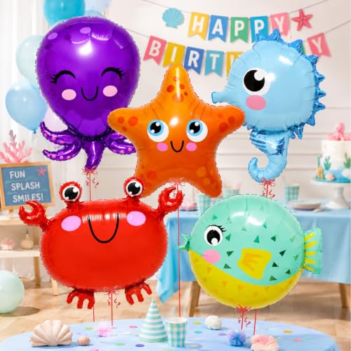 Image of Rozi Decoration 5 Pcs Under The Sea Theme Foil Balloon for Birthday Decoration | Ocean Animals Foil Balloon with Octopus, Starfish, Crab, Seahorse & Puffer Fish | Mermaid Theme Birthday Decoration Kit