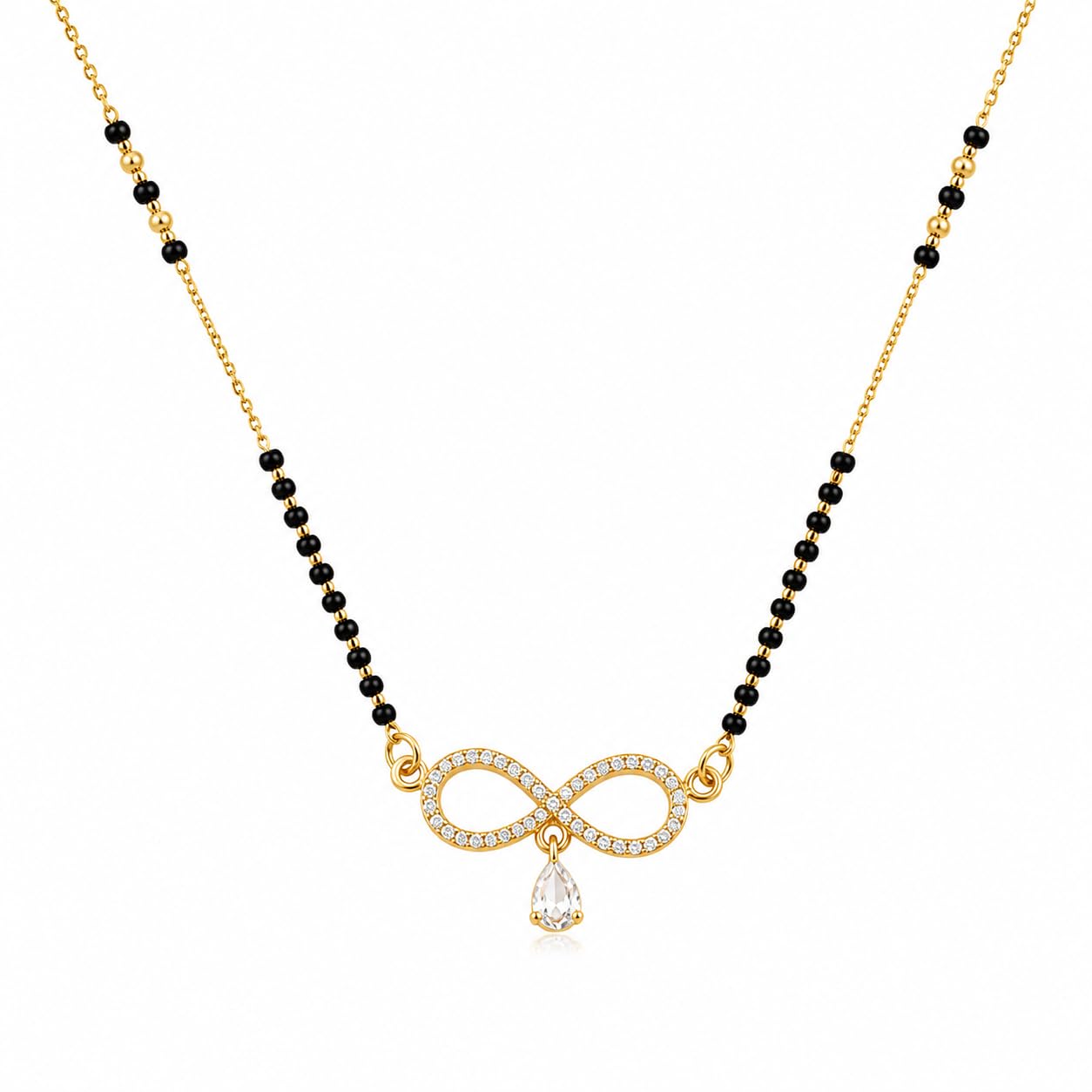 OroCraft Gold-Toned Infinity Pendant Mangalsutra with Black Beads Chain and CZ Stone-image-47