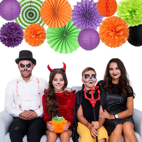 Image of Black Purple Orange-Green Halloween Party-Decorations - 20pcs Paper Lanterns Fans,Tissue Pom Poms,Honeycomb Balls,Hotel Transylvania Hocus Pocus Birthday Baby Bridal Shower Wedding Decor Burgleda