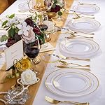 WELLIFE 600 PCS Gold & White Disposable Dinnerware Set for 100 Guests — White Plastic Plates with Gold Rim, Dinner & Salad Plates, Cups, Forks, Knives & Spoons for Weddings & Elegant Events - Image 4