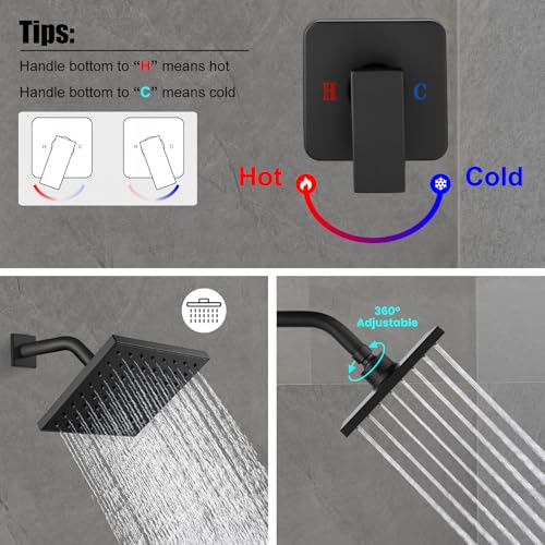 Heyalan Shower Faucet Set with Valve Kit,6 Inch Bathroom Rainfall Shower Head and Handle Set System Trim Kit,Male Thread Valve,Matte Black by Heyalan - Image 7