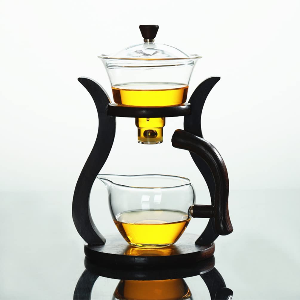 Halbautomatische Glas-Teekanne, 0.7 Liter, mit 6 Schüsseln, drehbare Abdeckung, Schüssel für Wasserfluss, Holzglas-Teekanne, Set mit 6 Schüsseln