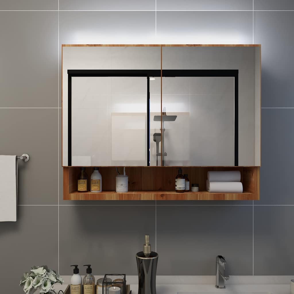 Szafka z lustrem LED do łazienki, dębowa, 80 x 15 x 60 cm, płyta MDF z powierzchnią melaminową, przyłącze USB, 2 drzwi, 3 wkładane półki, zajmuje mało miejsca do umywalki i toalety dla gości