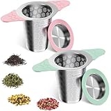 yomanta infusor de te 304 Acero Inoxidable 2 Piezas, Coladores de té para té suelto, Con tapa y asa de silicona resistente al calor, Apto para teteras, tazas de té y tazas - Verde + Rosa