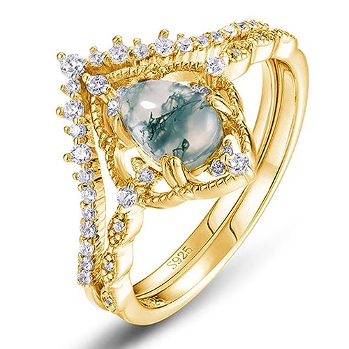 Natural Moss Agate Ring for Women Personalized 10K/14K/18K Solid Gold Moss Agate Engagement Ring Moss Agate Wedding Ring Set for Women Size 4-15 - Main Image