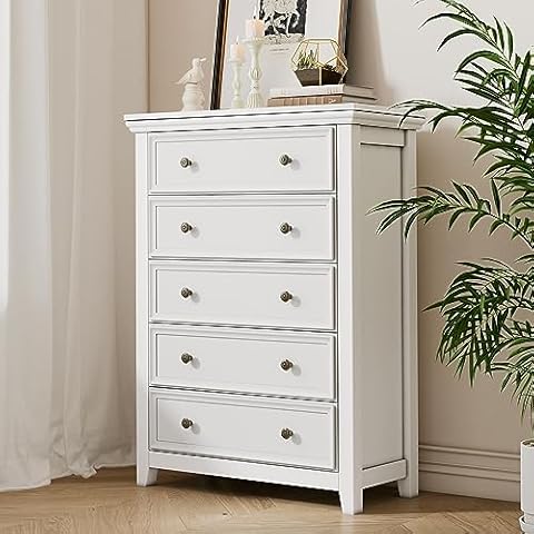 BOSHIRO White Dresser, 5 Chest of Drawer Dresser for Bedroom, Modern Tall Nightstand with Deep Drawers, Wood Organizer Drawer Cabinet for Bedroom, Living Room,Hallway Cover