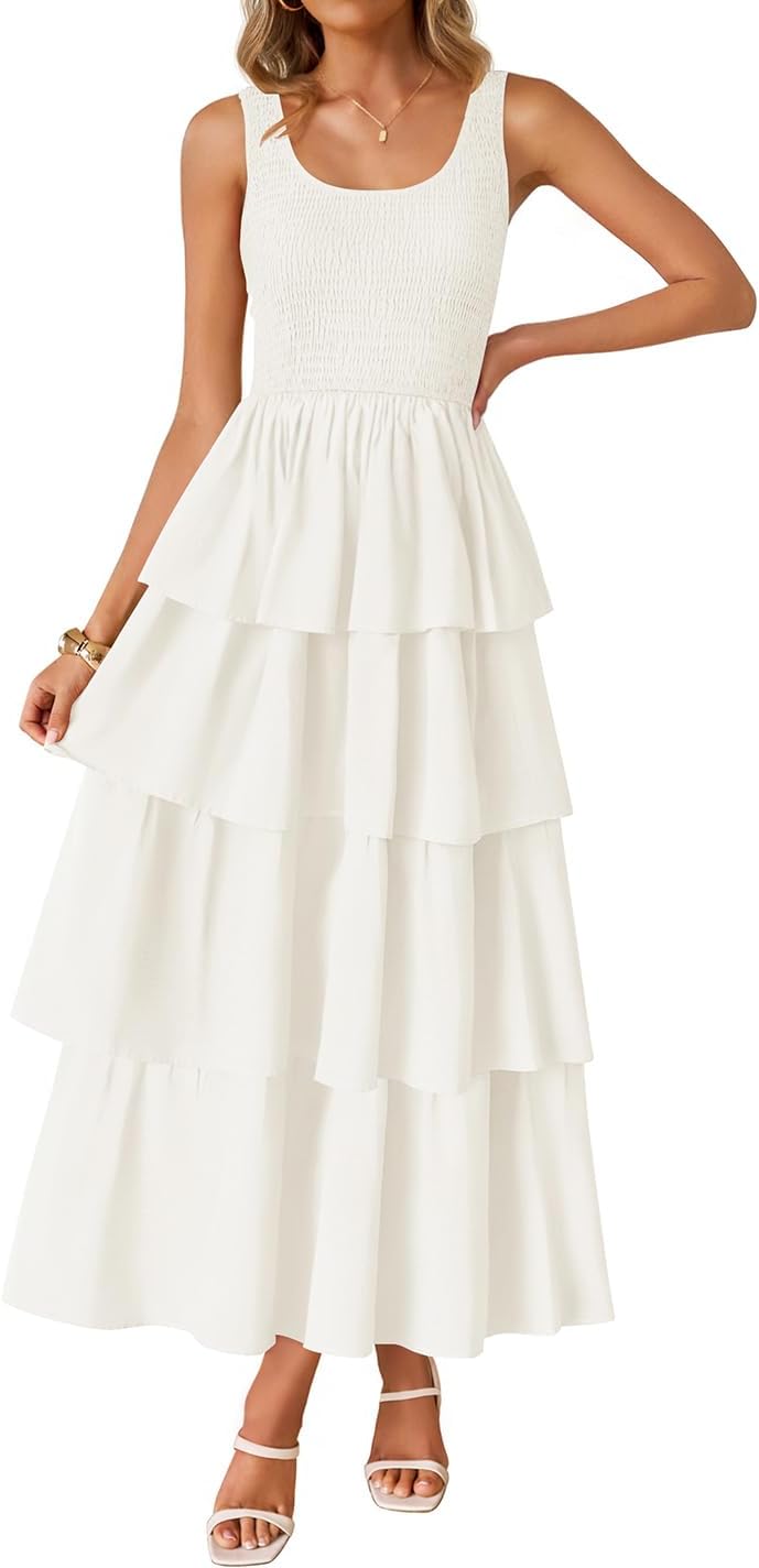 ZESICA Women's 2026 Summer Boho Sleeveless Midi Dress Scoop Neck Ruffle Tiered Layered Swing Long Beach Vacation Dresses