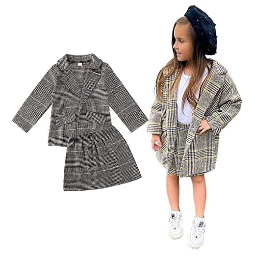 LXXIASHI Toddler Baby Girl Plaid Lapel Long Sleeve Jacket Coat + A-line Pleated Skirt Autumn Clothing Sets (Plaid - Black, 2-3 Years)