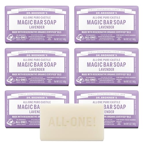 Dr. Bronner's Pure-Castile Magic Soap Bars (Lavender, 5 oz, 6-Pack)- Bath Soap with Regenerative Organic Certified Oils- For Face, Body & Hair - Gentle, Biodegradable, Vegan- Bar Soaps for Men & Women