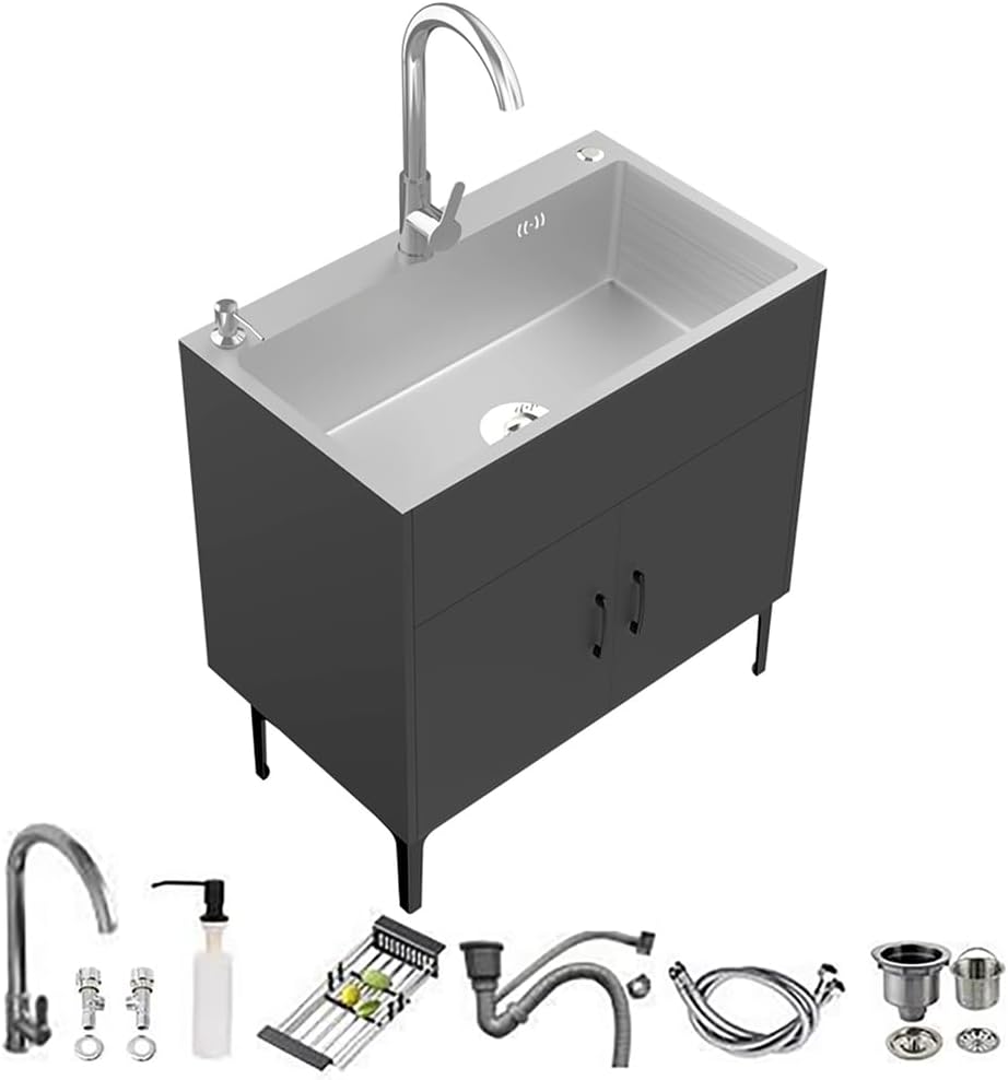 19.6-29.5In Laundry Sink Cabinet with Stainless Steel Sinks,with Cabinet, Free Standing Utility Sink,with Hot And Cold Water Faucet Ideal,for Kitchen, Bathroom,Garage,Black,75 * 45 * 77cm