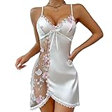 Midnight Suprise Women’s White Satin Lingerie Nightdress – Floral Embroidered Sheer Mesh Slip with Adjustable Straps, Sexy Sleepwear Chemise(White, Medium)