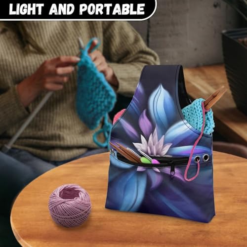 Image of KUIFORTI Boho Yarn Bag, Crochet Tote Bag, Purple Flower Yarn Storage Bag Organizer Travel Wrist Bag, Lightweight Yarn Tote Bags for Crocheting on The Go Knitting Accessories, Small Size