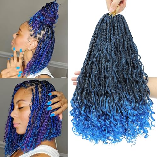 Blue Goddess Box Braids Crochet Hair Boho Box Crochet Braids Pre Looped with Curly Ends 8 Packs 14 inch 3X Bohemian Hippie Protective Hairstyle for Black Women(#1B/Blue)