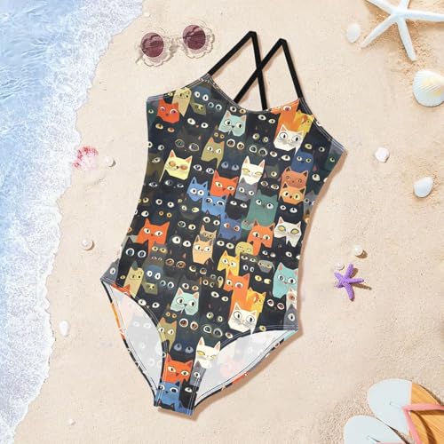 Colorful Cats Pattern Girls Swimsuits Quick Dry Crossback One Piece Beach Swimwear Bathing Suit3