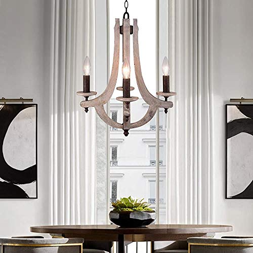 Likeluk Fer rétro lustres Muzhi Lampe Chandelier 4 Lustre Pendentif Lustre Ancien rétro Fer en métal en Bois lustres éclairage décoratif Maison, Gris Antique,Wood Color