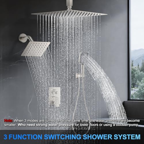 Image of Shower Faucet Set, 12 inch Ceiling Mount Rainfall Shower System with 2 Rain Shower Head and Multi-function Handheld Head Push Button Diverter Shower Faucet Trim Kit (12 inch, Brushed Nickel)