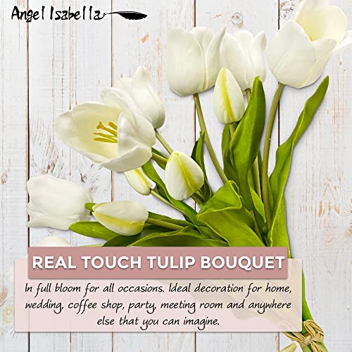 Angel Isabella Realistic Elegant Holland Tulip Bouquet - Real Touch Artificial Flowers For Decoration - Beautiful Silk Flowers Centerpiece For Home, Office, Hotel (7 Blooms 4 Buds, Natural White) #TOP6