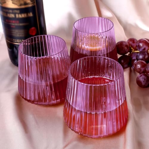 Image of Lueumxc 40 Pack Plastic Ribbed Wine Glasses, 14Oz Origami Disposable Wine Glasses Unbreakable Clear Plastic Cocktail Glasses Recyclable Shatterproof Reusable Wine Cups (14oz-purple-40pack)