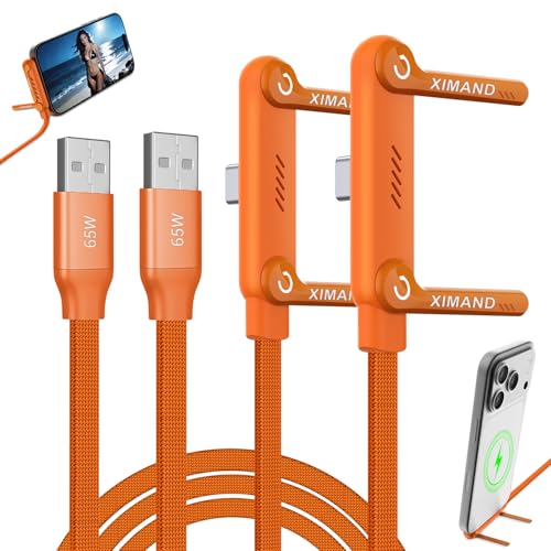 Invisible Holder Charger Cable, 65W PD Fast Charging Cable for Desk, USB-A & Type-C to Cable 4.9 FT with 360° Adjustable Metal Stand, 2 in 1 Holder Charger for Gaming, Office, Home, Orange, 2 pack