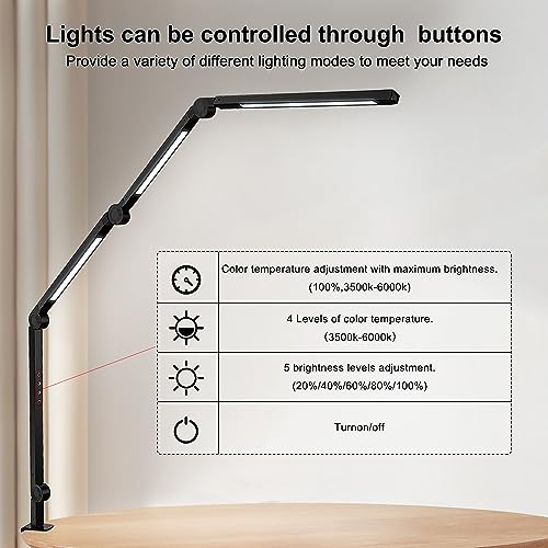 LED Desk Lamp with Clamp: Flexible Swing Arm, Three Light Sources, 4 Color Modes, 5 Brightness Levels - Eye-Caring Table Light for Office