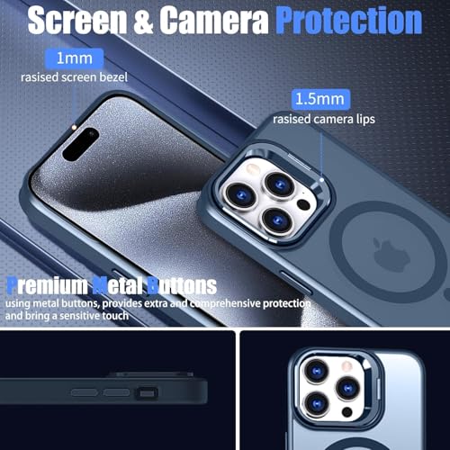 Image of VONZEE Clear Camera Kickstand Case for iPhone 15 Pro, Built-in Adjustable Camera Stand, Clear Magnetic Mag-Safe Shockproof Classic Series Phone Cover (Blue)