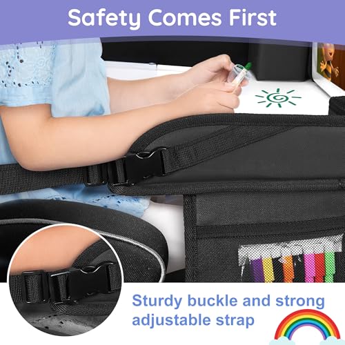 Image of Kids Travel Tray, Kids Travel Trays for Car Seat, Road Trip Essentials for Toddler, Carseat Lap Tray with Dry Erase Board & Storage Organizer for Road Trip Activities for Kid, Black