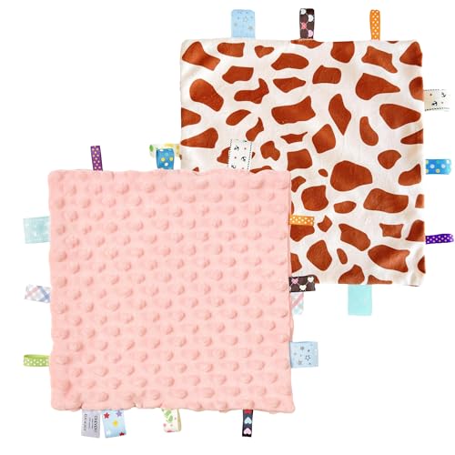 Image of CREVENT Security Blanket for Babies, Soft Baby Lovey Comforter, Sensory Plush Blanket for Baby Girls, Calming Sleep Companion, 10 inch x 10 inch 2pcs