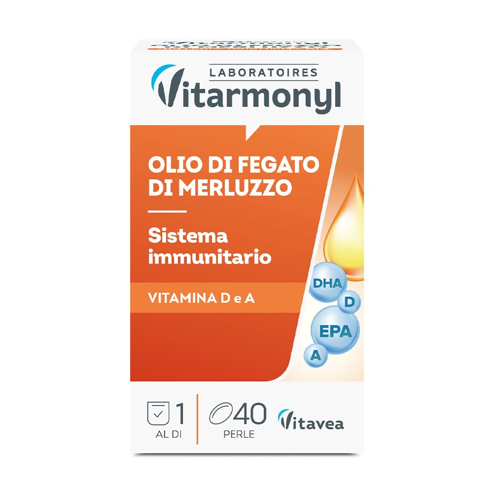 Olio di Fegato di Merluzzo - Ricco di Omega 3 - EPA e DHA - Sistema Immunitario - Salute delle Ossa - 560mg Olio di Pesce - Vitamina A e D - 40 Perle Marine - Vitarmonyl