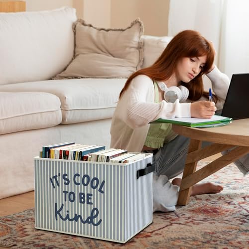 Image of Inspirational Kids Nursery Storage Bins Box with Handles, It's Cool to Be Kind Blue Striped Collapsible Basket Organizer for Kids Boys Room Bedroom Playroom Bathroom Books Clothes